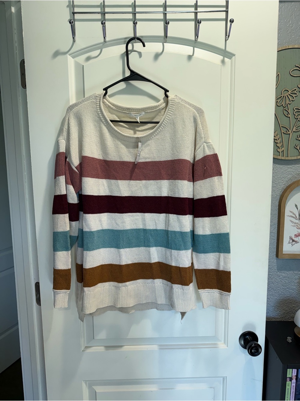 Maurices Cream Sweater with Rose, Burgundy, Teal & Mustard Stripes